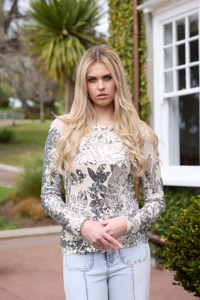 Silver sequin floral long sleeve top