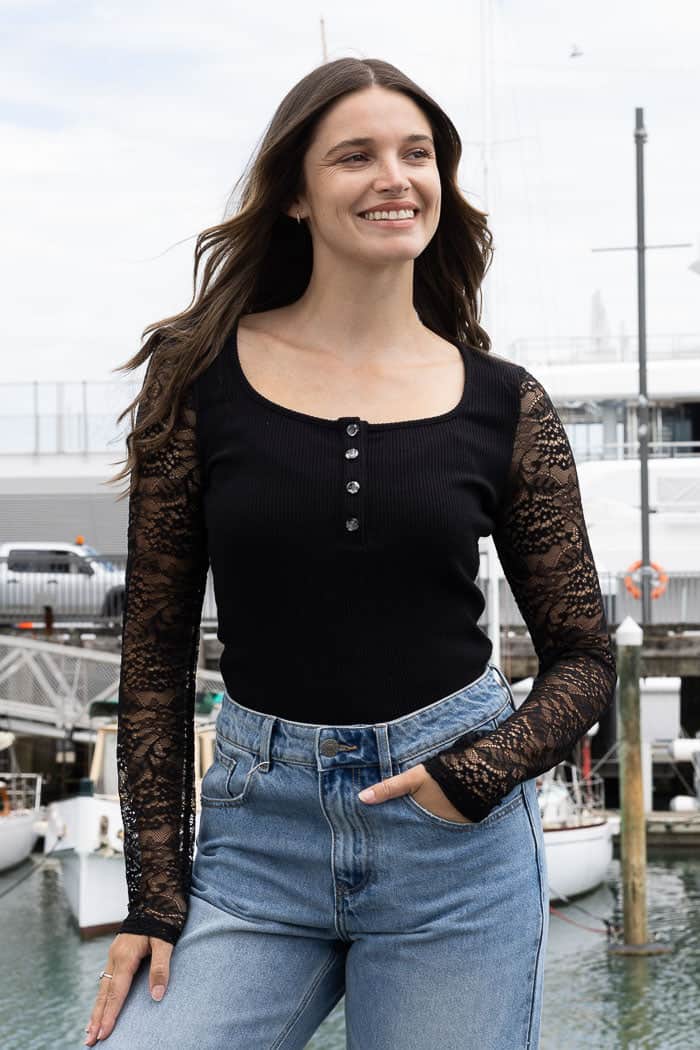black lace sleeve ribbed top