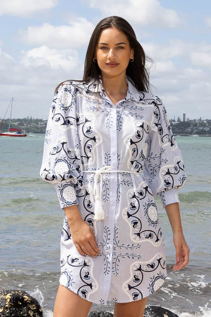 Blue embroidered shirt dress