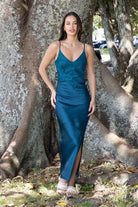 Teal lace satin maxi dress