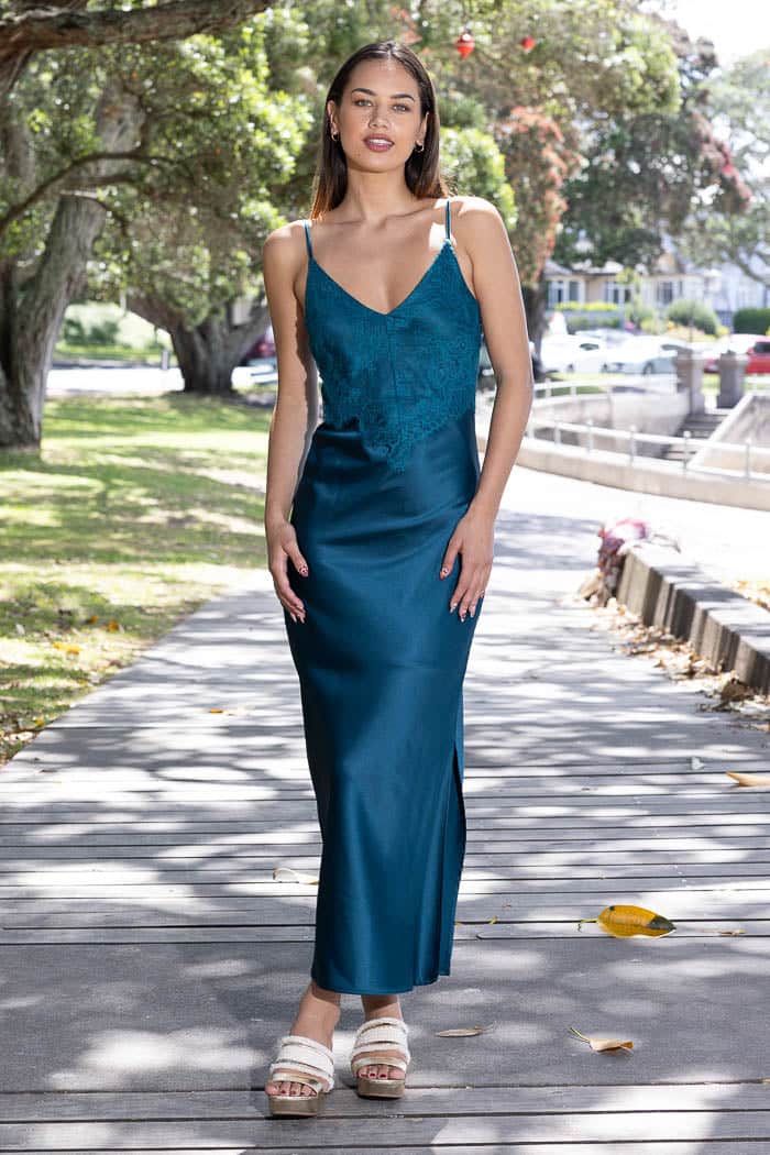 Gabriella Lace Satin Dress Teal – Augustine