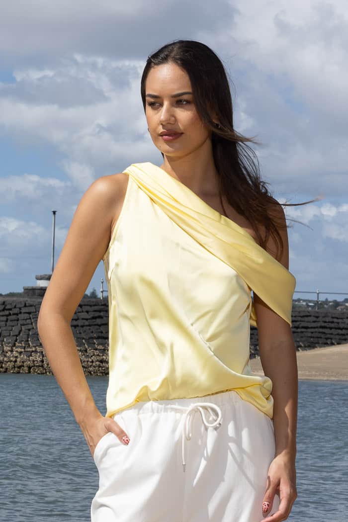 Yellow satin one shoulder top