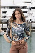 blue green floral long sleeve mesh top