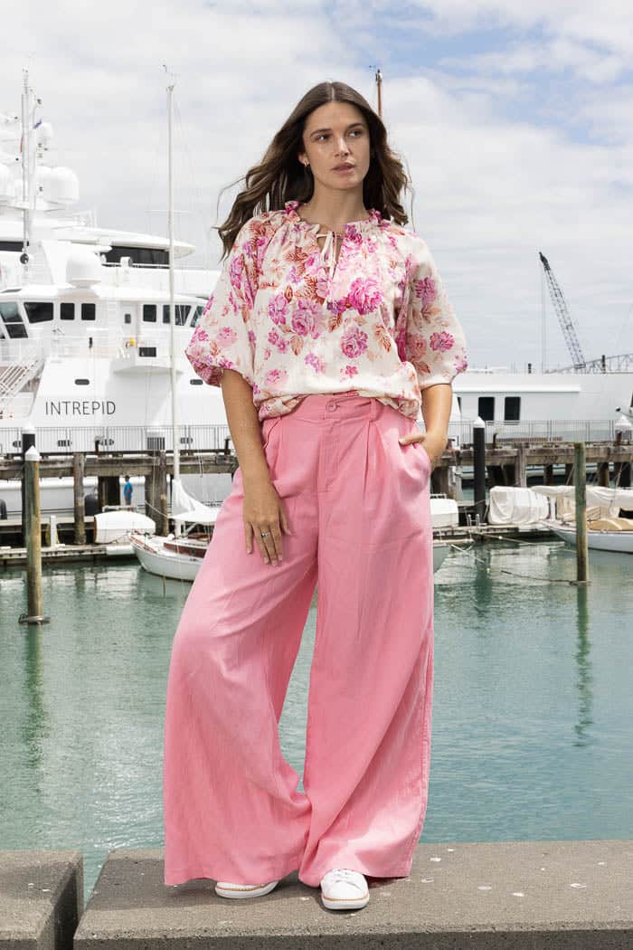 pink wide leg linen pants