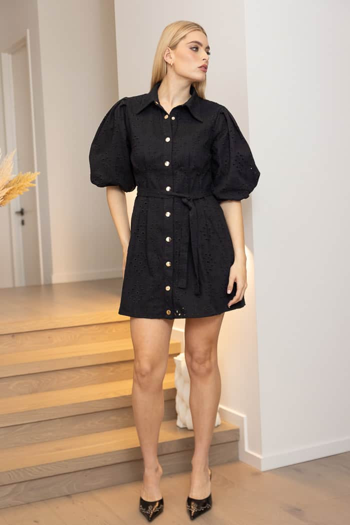 black embroidery mini dress with puff sleeves