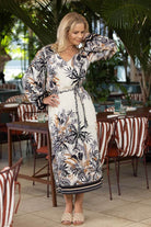 black tropical print midi dress