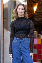black sheer floral lace long sleeve top