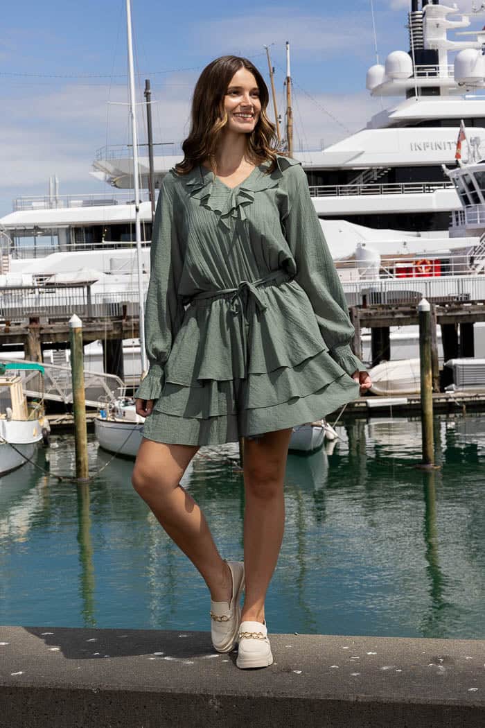 frilly sage mini long sleeve dress
