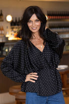 satin polkadot black top