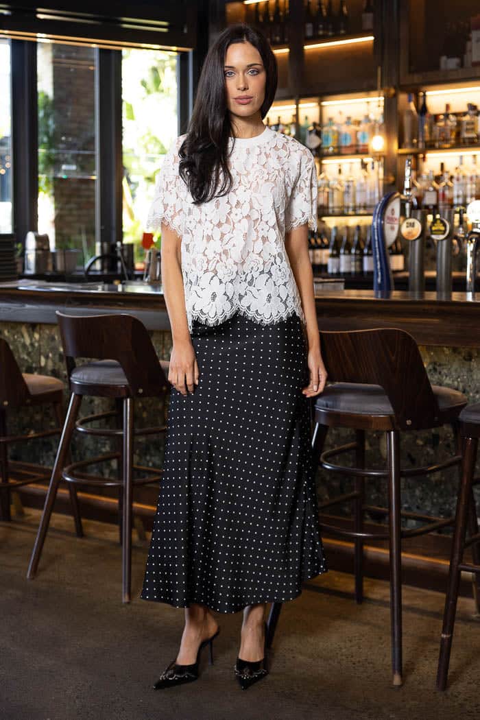 black polkadots satin midi skirt
