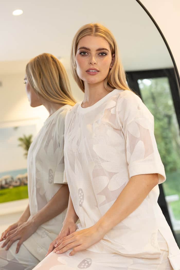 cream embroidered mesh tshirt