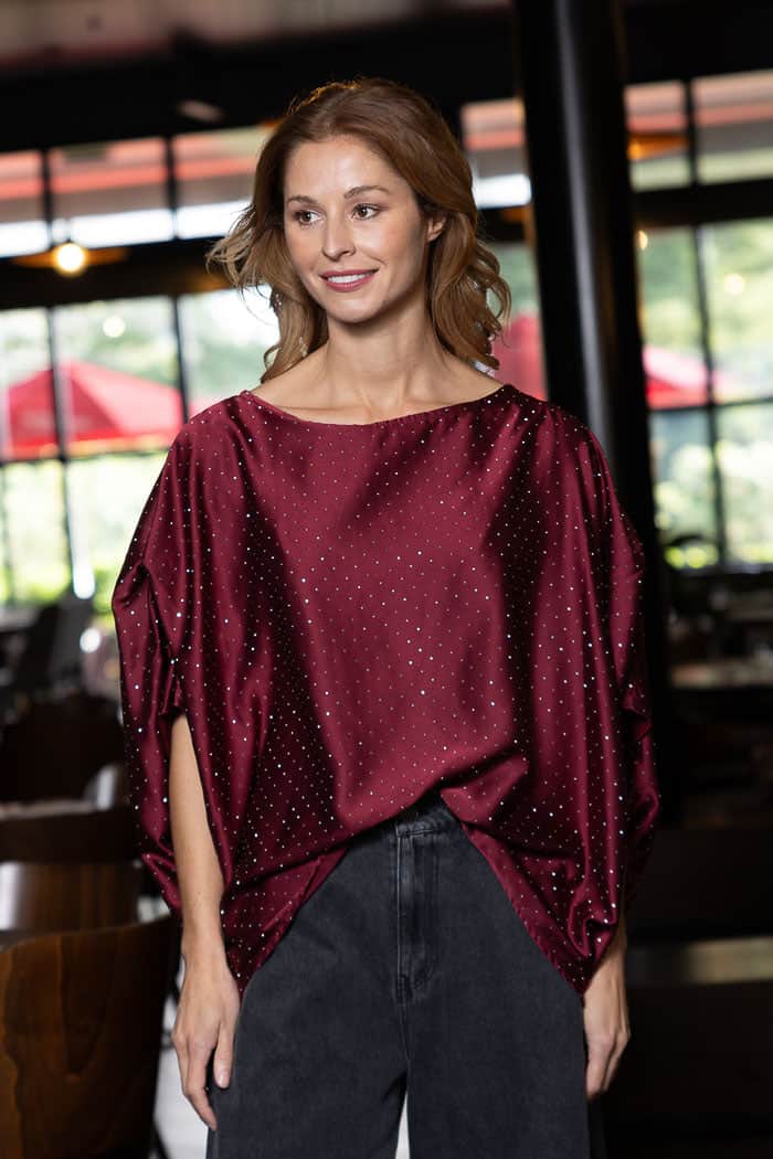 burgundy satin diamante top