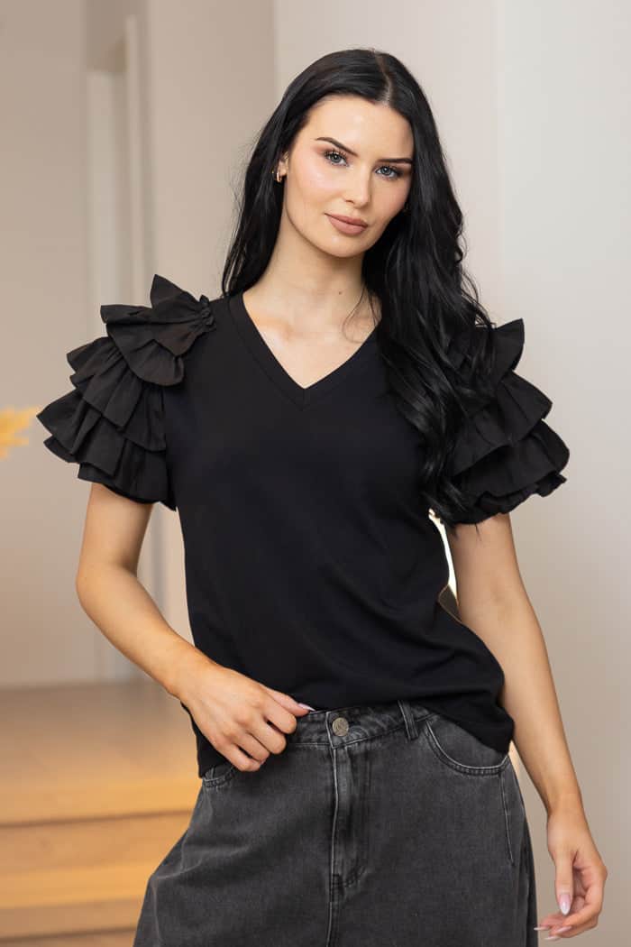 black ruffle sleeves tshirt