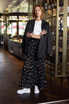 pleated maxi skirt black polkadot