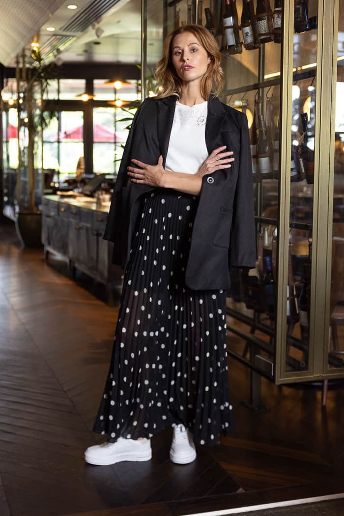 pleated maxi skirt black polkadot