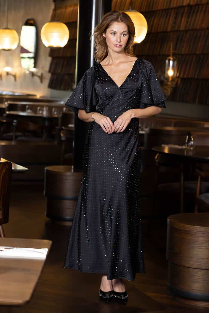 diamante black satin maxi dress