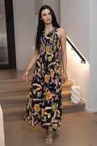 black halter neck floral midi dress