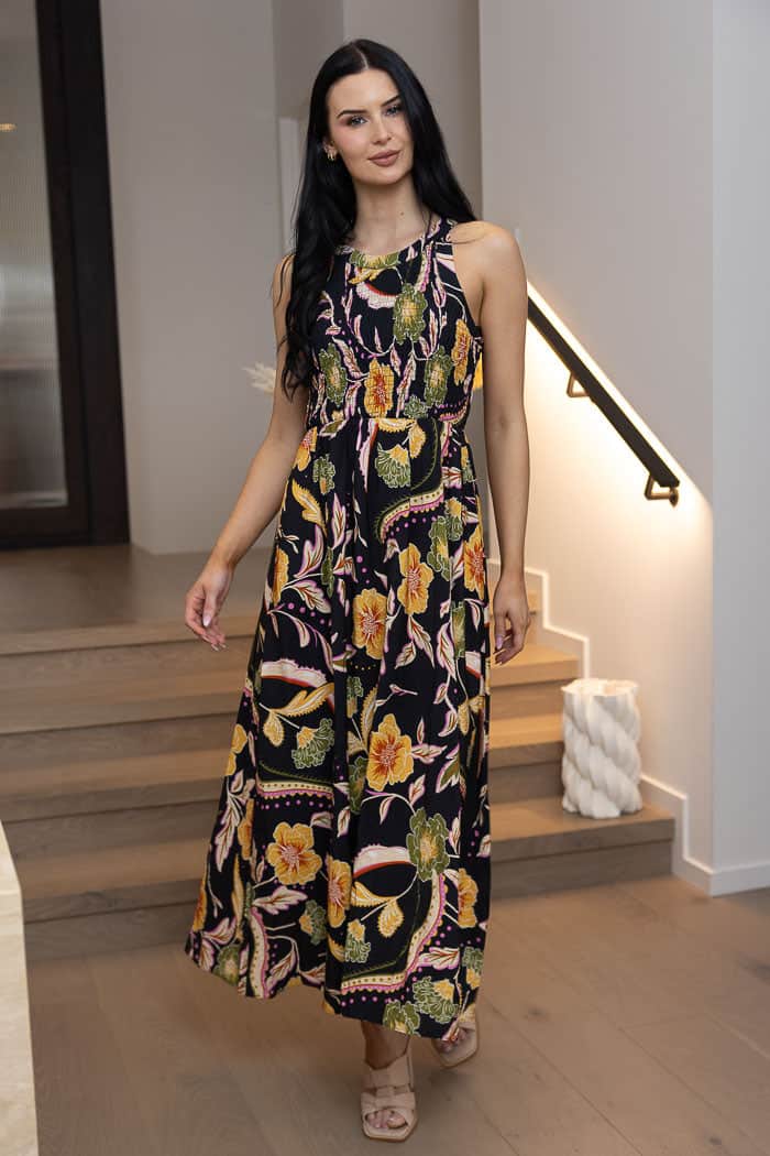 black halter neck floral midi dress