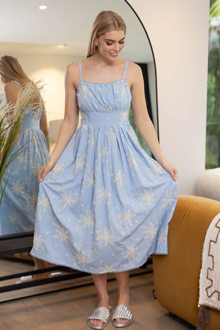 baby blue embroidered midi dress