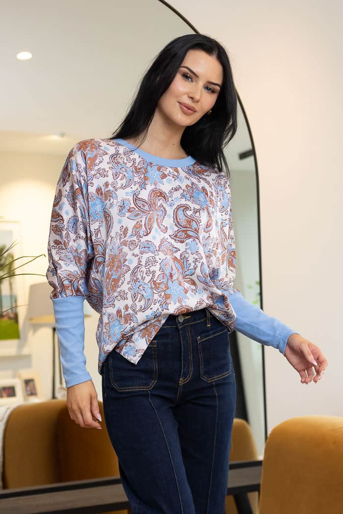 blue paisley satin blouse long sleeves