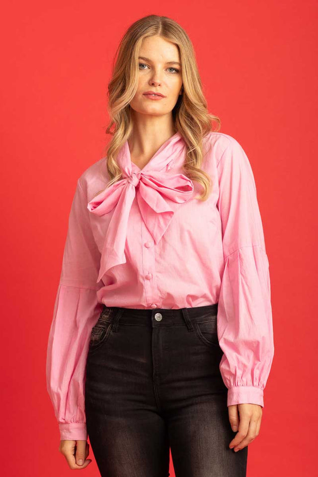 light pink shirt blouse pussy bow neckline