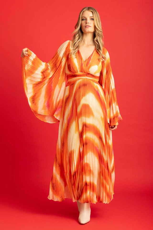Pleated orange abstract print maxi dress