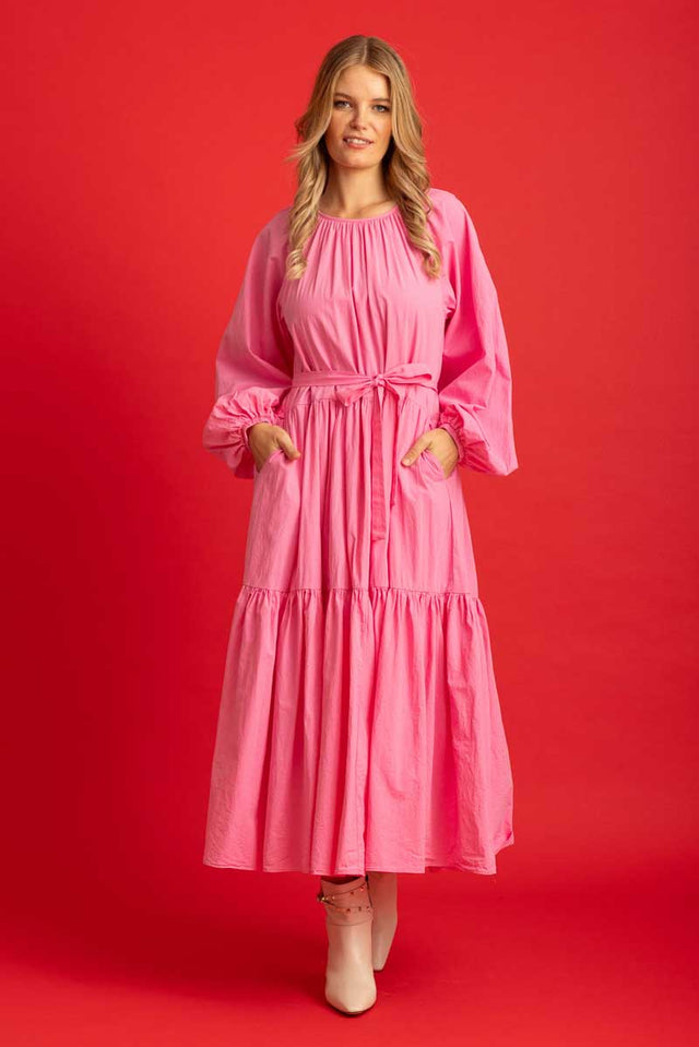 candy pink tiered midi maxi dress