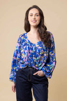 blue V-neck blouse top