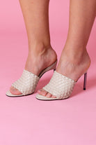 white woven strap heels