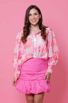 pink jacquard floral blouse plus size