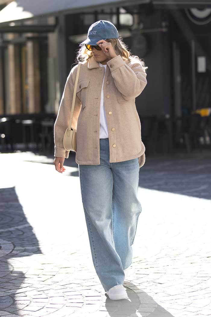 beige suede feel shacket with gold button detail