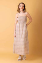 beige tartan maxi dress