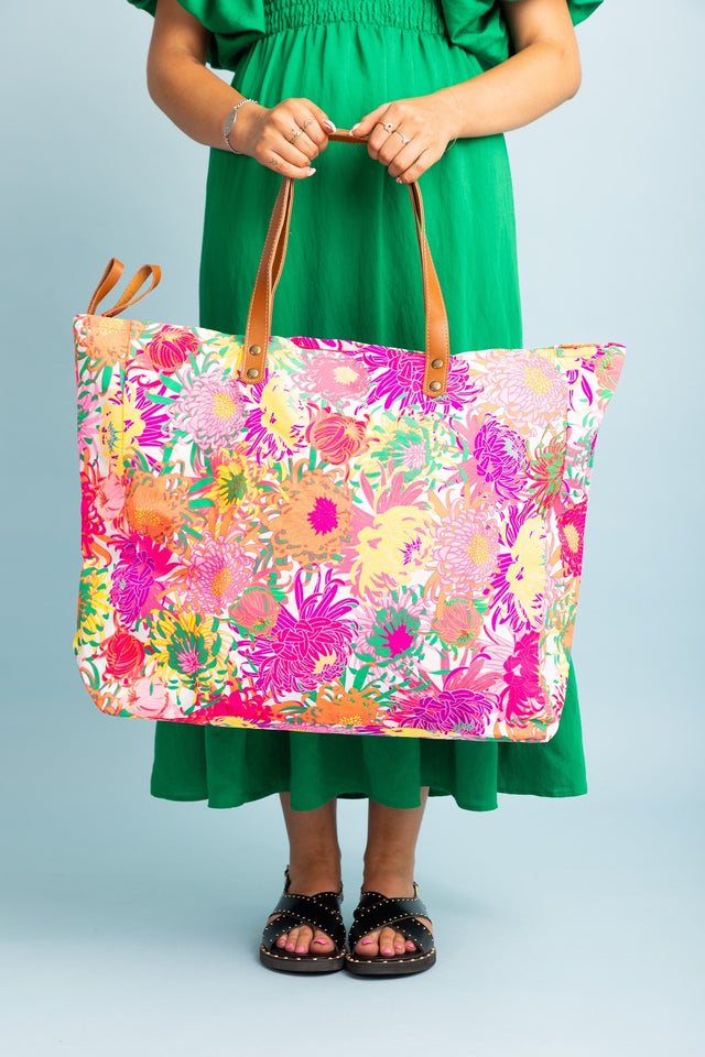 Large Cotton Canvas Floral Print Beach Bag