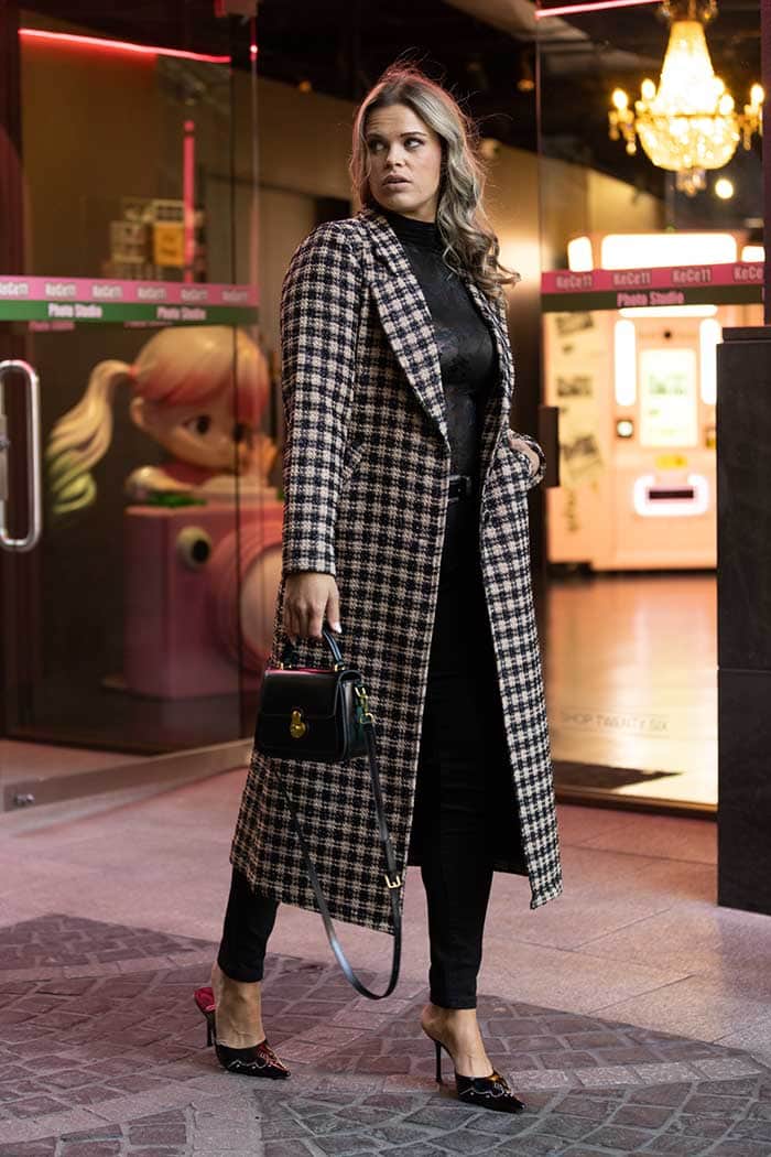 long beige black checkered winter coat