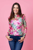 pink mesh floral top plus size