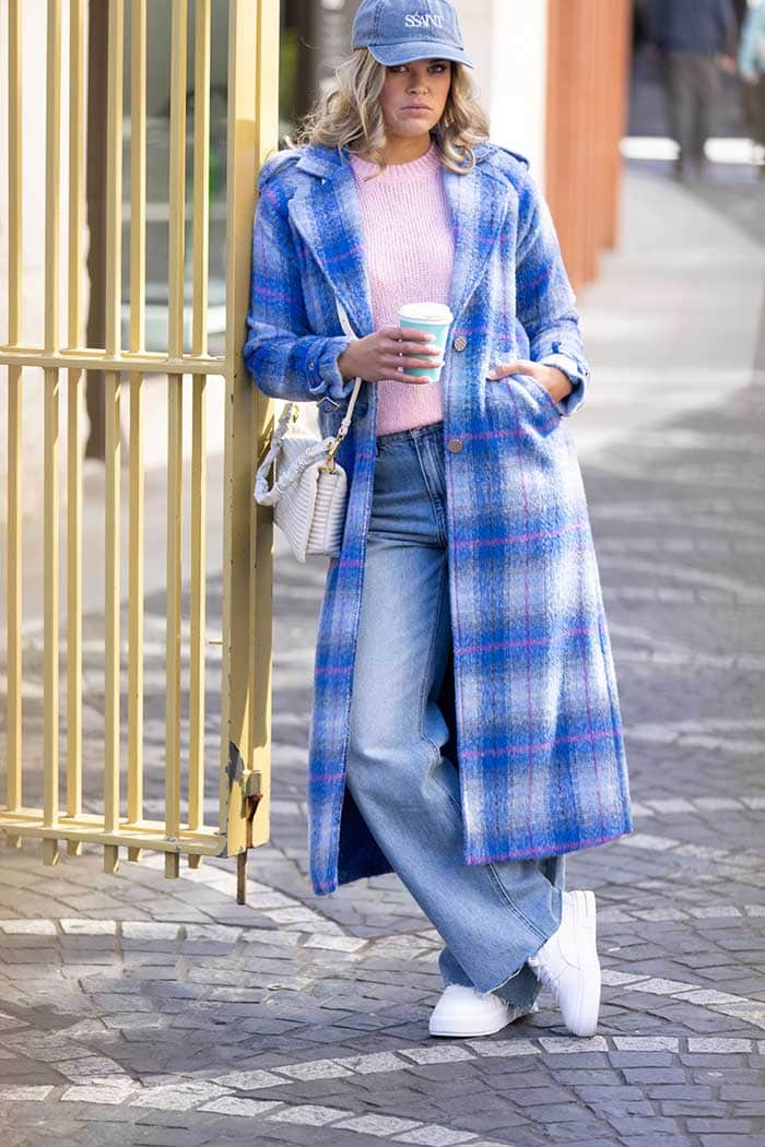 cool toned blue tartan full length coat with front side pockets
