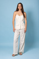 cream pinstriped trouser suit