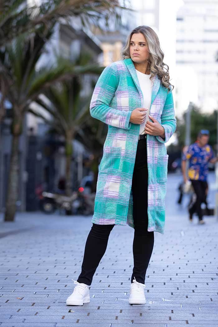 aqua green tartan cardigan coat
