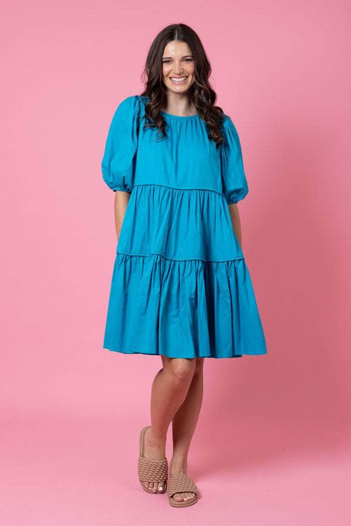 blue tiered midi dress
