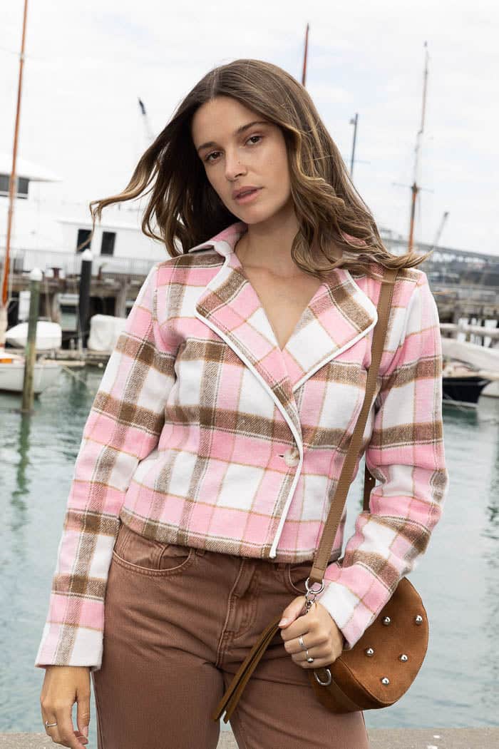 cropped trench pink brown tartan coat