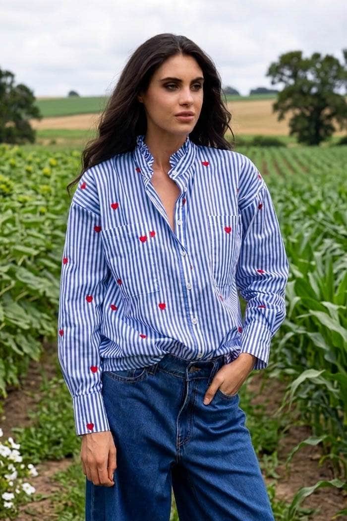 blue striped buttoned up shirt with red hearts embroidery