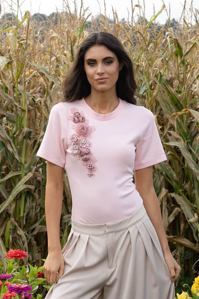 soft blush pink tshirt with pink floral appliques