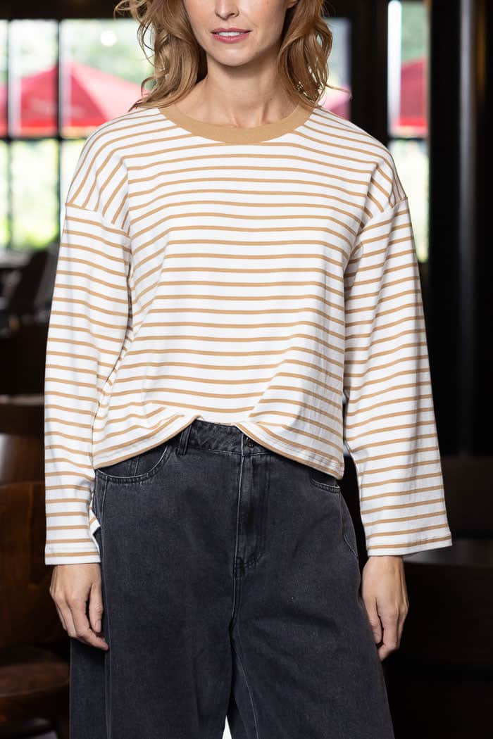 beige cream striped long sleeve top