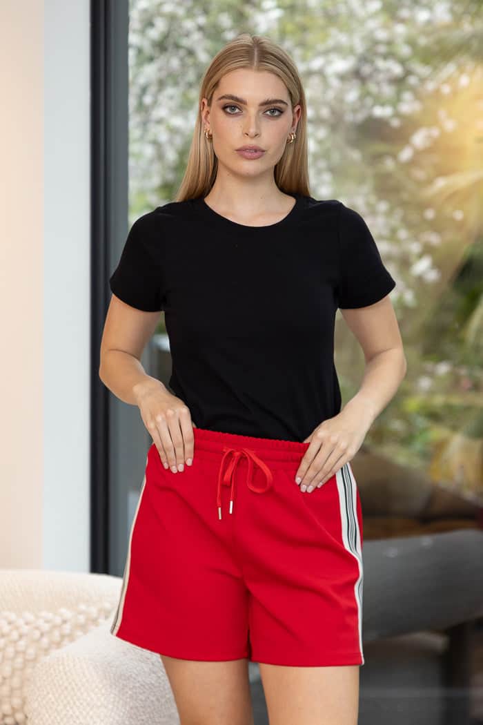 red jogger shorts