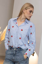 blue stripe shirt with strawberry embroidery