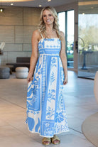 sleeveless maxi blue and white patterned dress