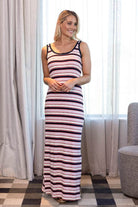 sleeveless striped maxi dress with navy, pink, and white horizontal stripes