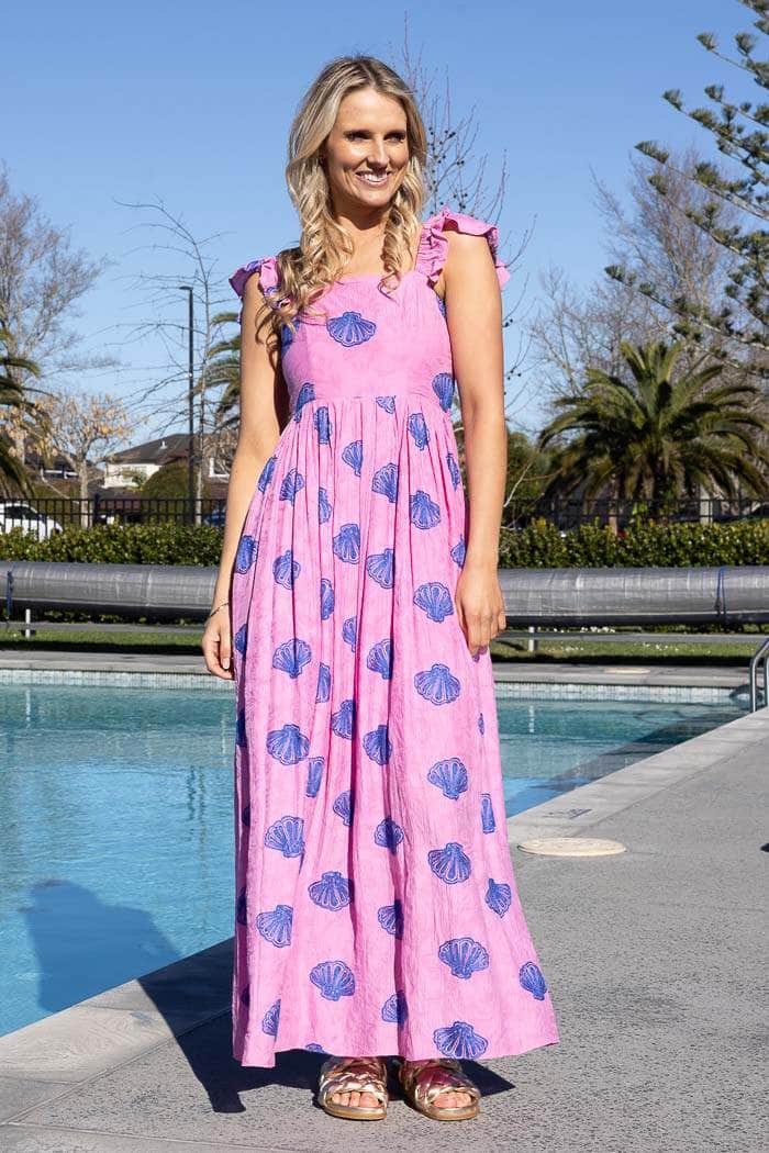 pink crepe maxi dress with blue shells print