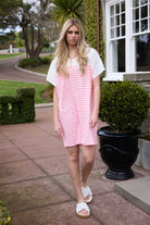 Pink and white striped mini t-shirt dress