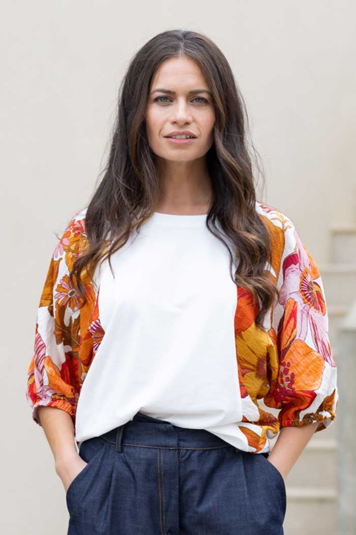 White t-shirt with orange floral